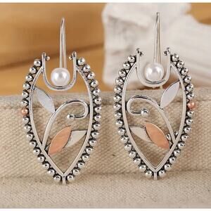 Vintage Metal Craftsman Carved Pattern Earrings Inlaid with Pearl Style Accent